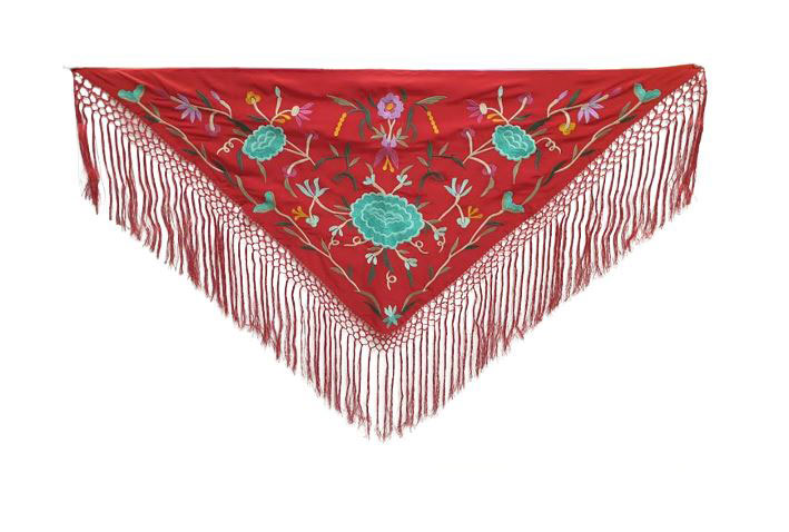 赤いフラメンコ ショール グリーンローズ刺繍